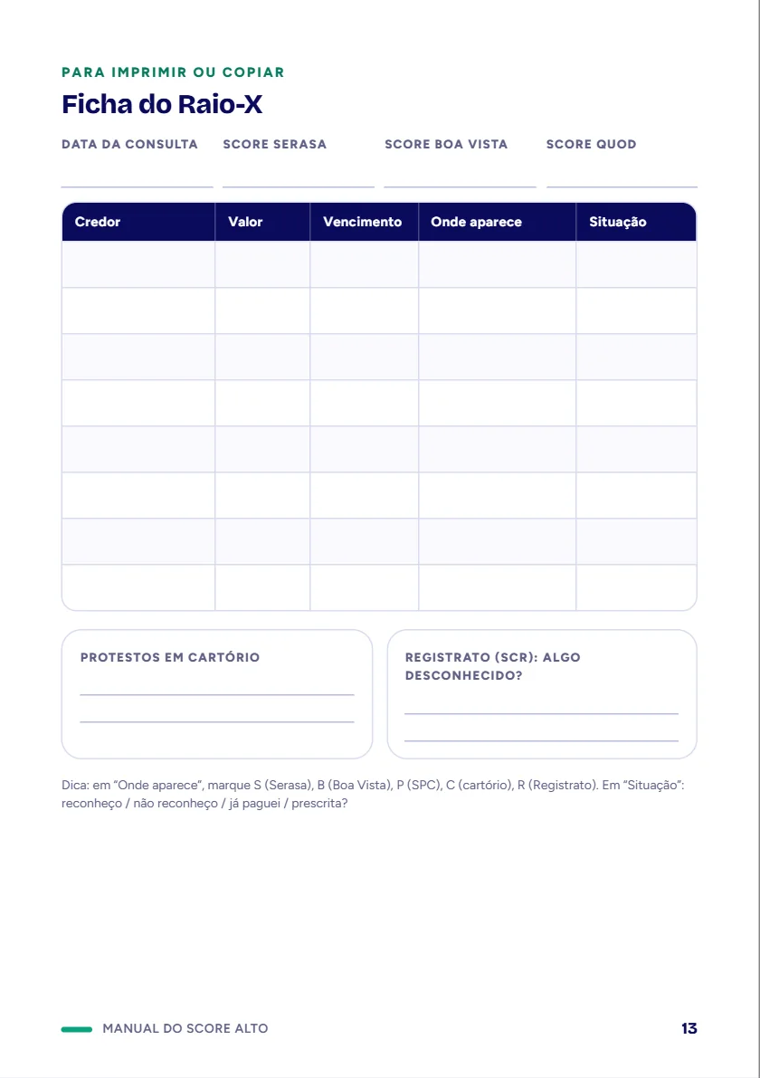 Página 13 do manual: Ficha do Raio-X para preencher