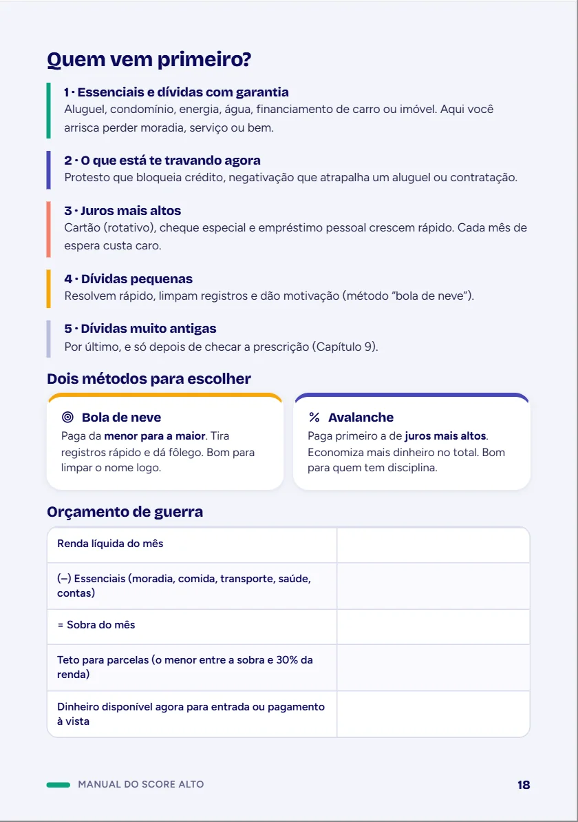 Página 18 do manual: quem vem primeiro e orçamento de guerra