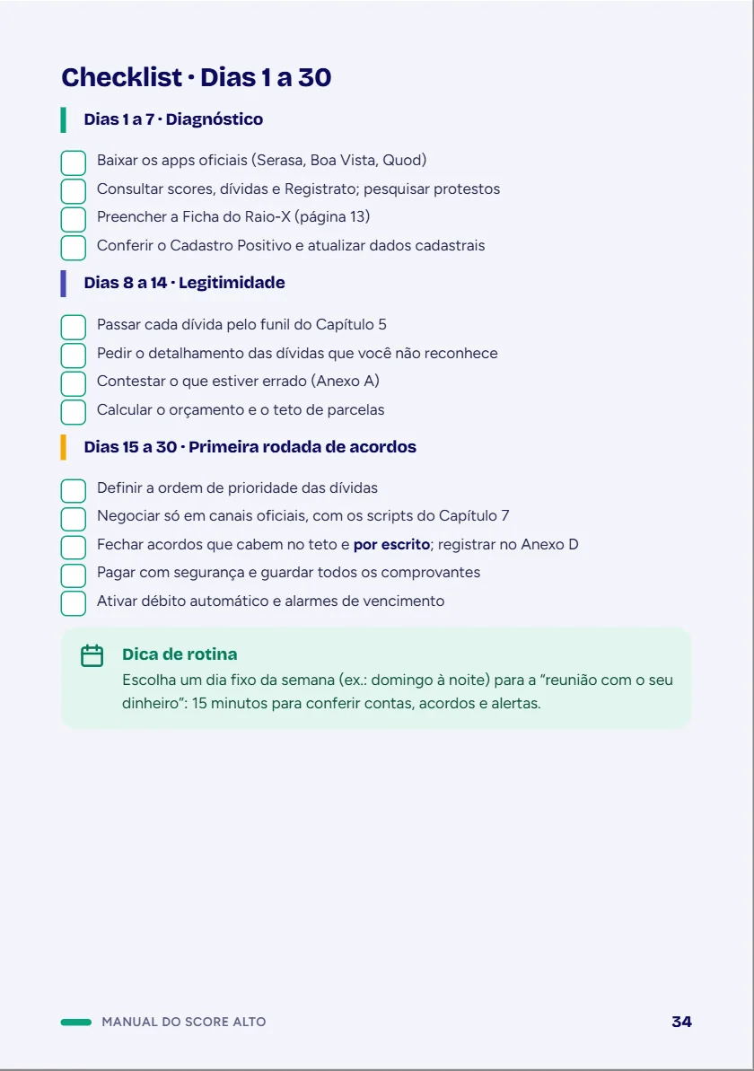 Página 34 do manual: checklist dos dias 1 a 30