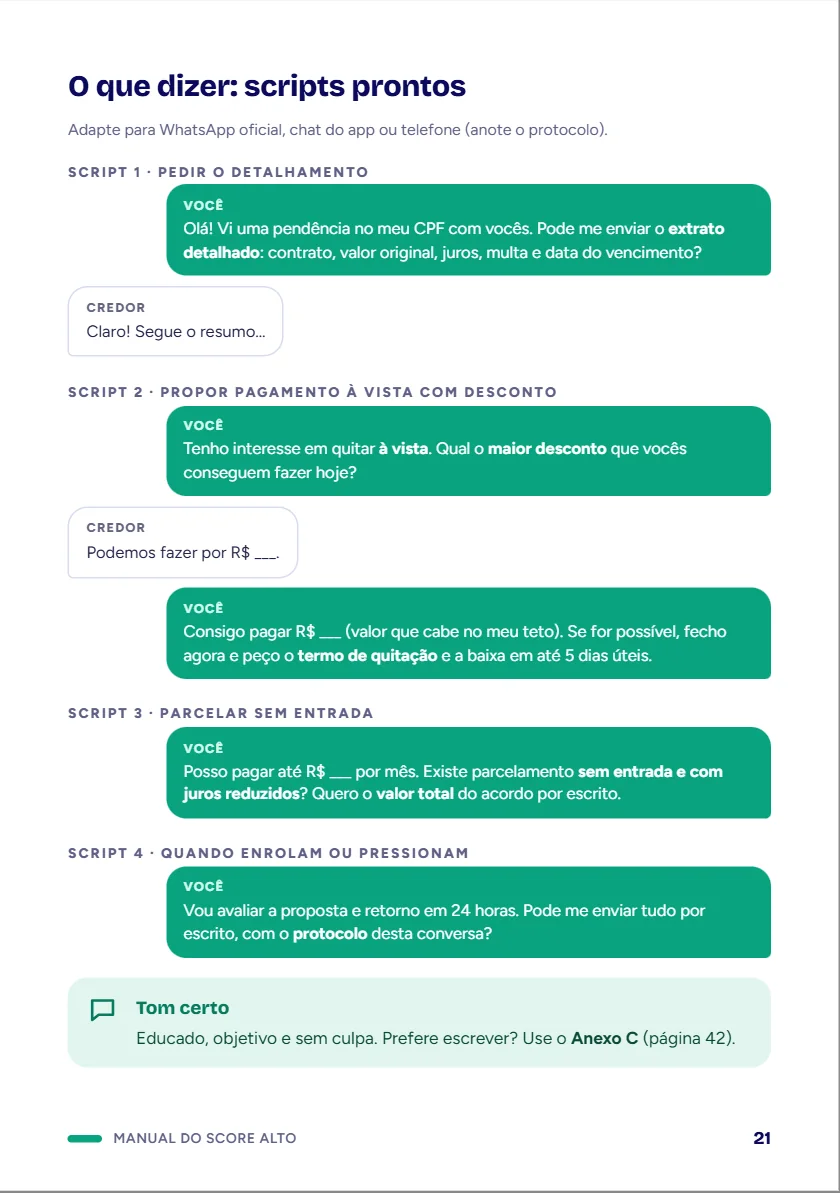 Página 21 do manual: scripts prontos de negociação